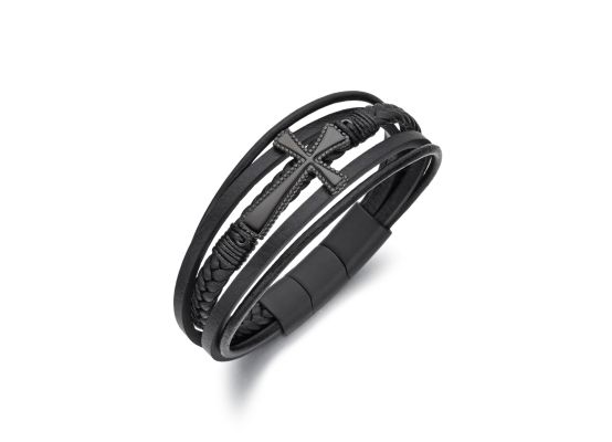 DIVERSE kožený náramek z oceli KŘÍŽEK