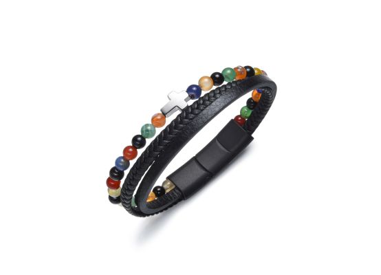 DIVERSE kožený náramek z oceli