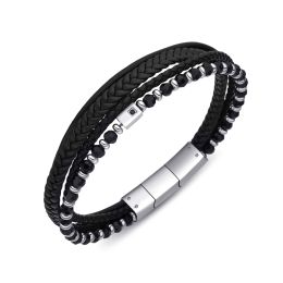DIVERSE kožený náramek z oceli s kameny