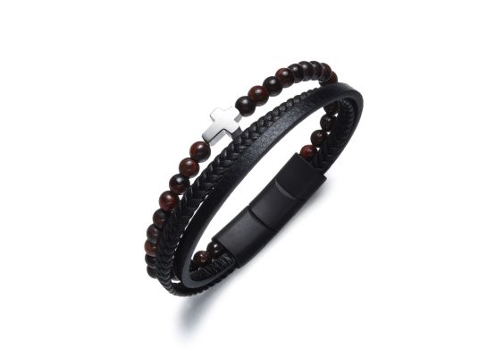 DIVERSE kožený náramek z oceli